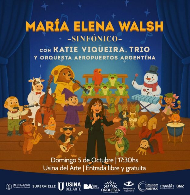 Concierto sinfónico de María Elena Walsh en la Usina del Arte con Katie Viqueira, Trío y la Orquesta Aeropuertos Argentina. Domingo 5 de octubre 2025, entrada libre y gratuita.